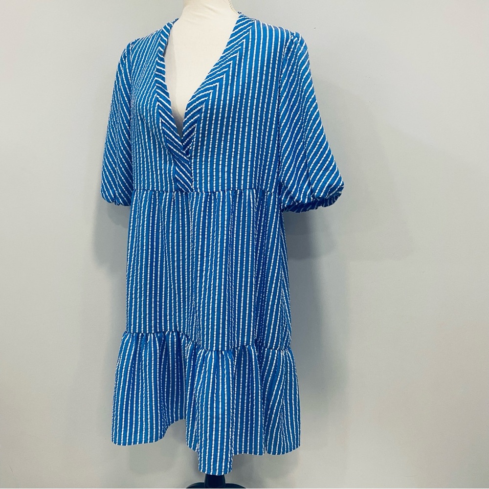 52SEVEN L Blue White Striped Seersucker Nautical Babydoll Ruffle Coastal Dress